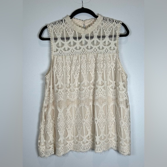Xhilaration Cream Embellished Lace Sleeveless Blouse with Mandarin Collar. XXL - Picture 1 of 8